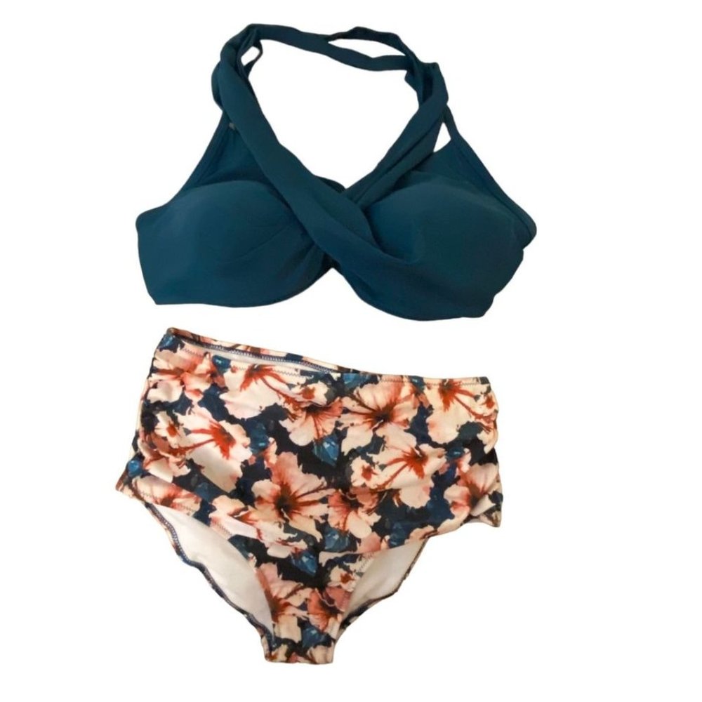 Retro Pinup Style Women's 2 Piece Swimsuit High Waist Teal and Pink Floral